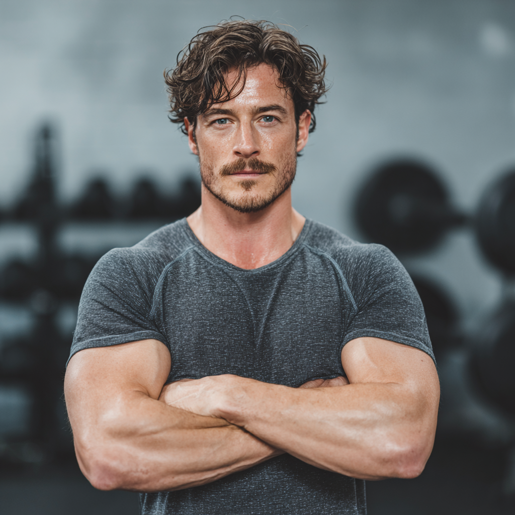 Confident athletic man in gym setting performing strength training exercise