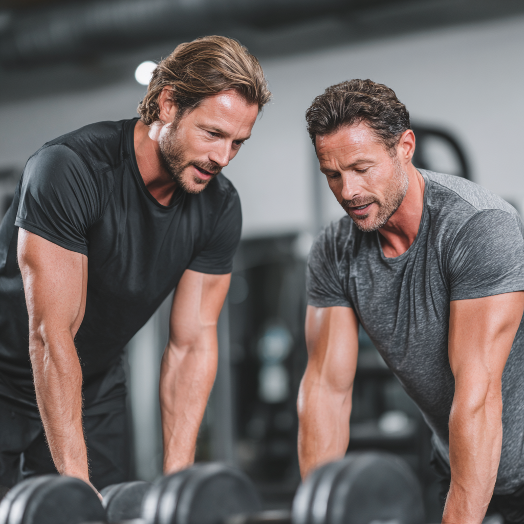 Professional fitness coach demonstrating proper exercise form to a male client